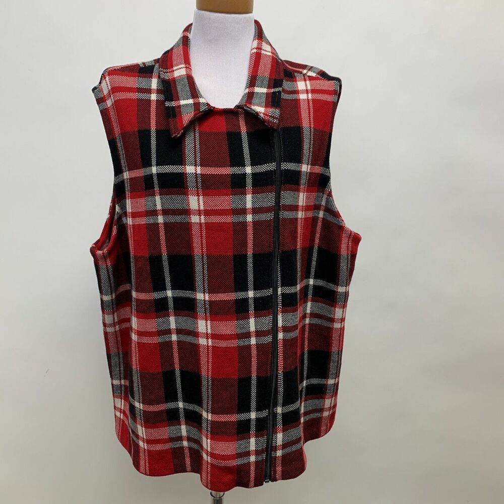 Chaps Sweater Vest 2X Red White‎ Multicolor Plaid Sleeveless Full Zip